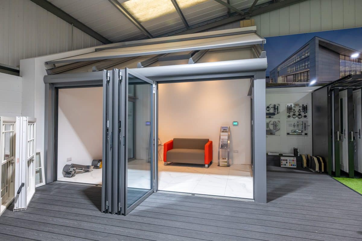 Solarlux Bifold Doors in Wiltshire. Expert Installation by CBP 5 Solarlux bifold in wintergarden in a showroom