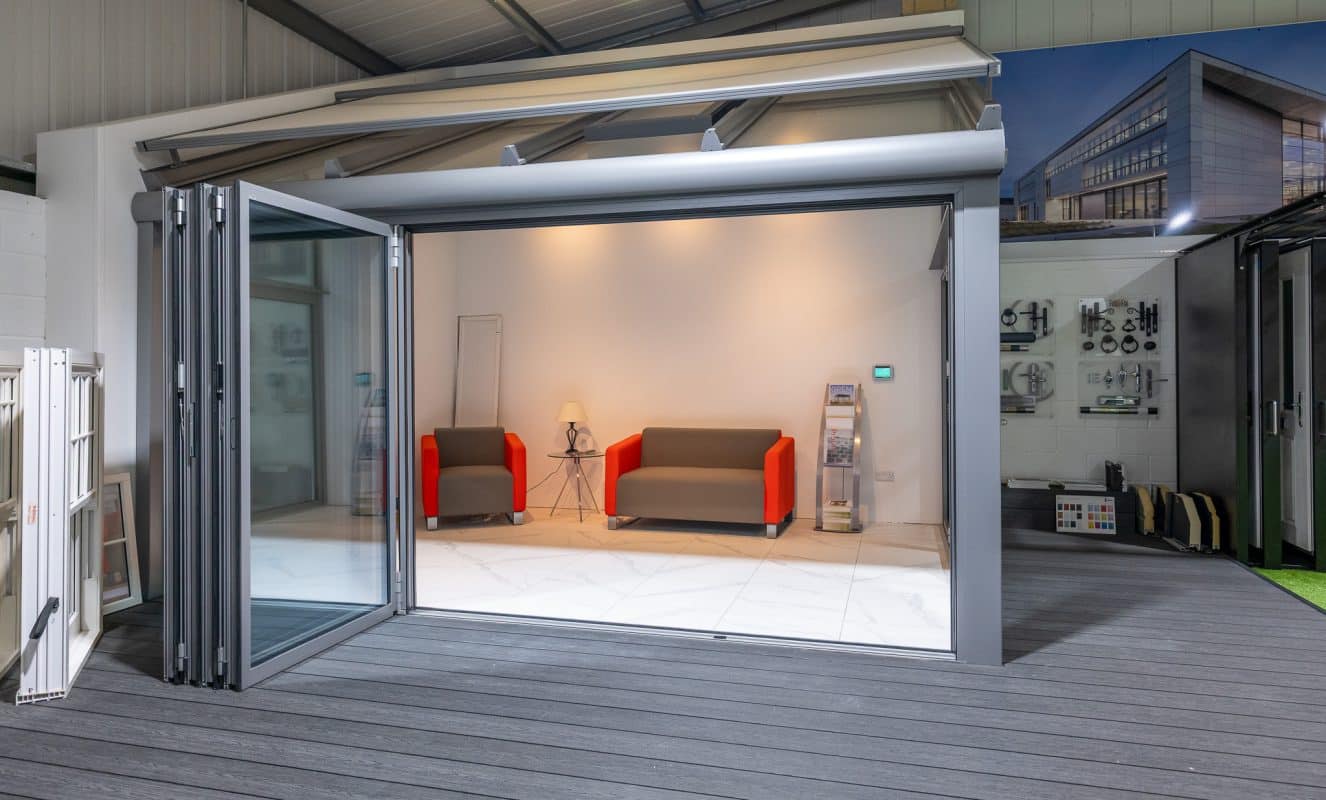 Solarlux bifold in wintergarden in a showroom