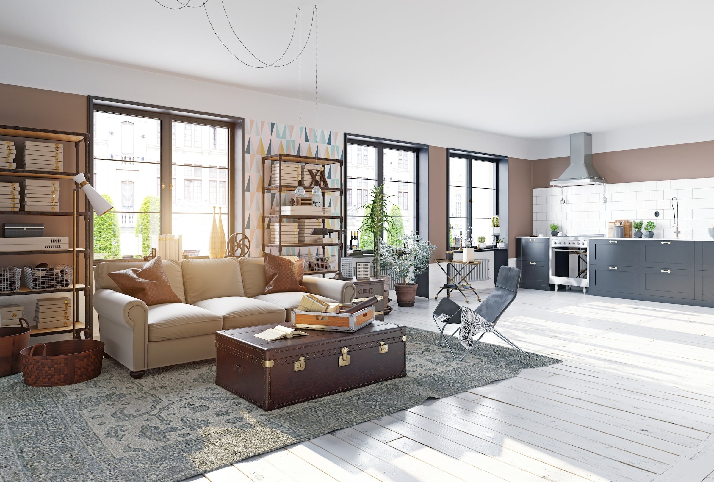 Modern,Living,Room,Interior.,Living,Design,Style.,3d,Rendering steel look windows doors2