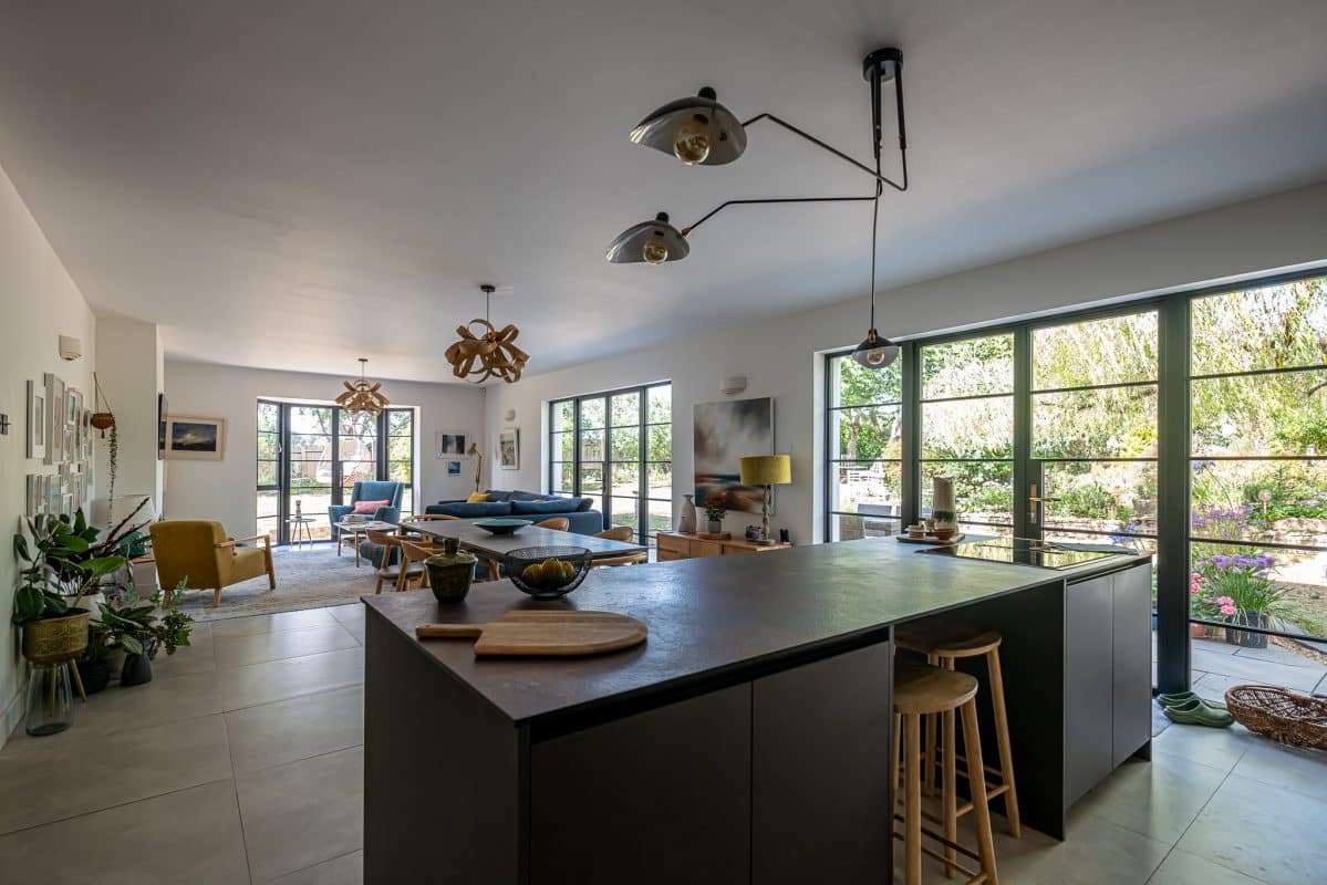 steel look windows and doors in bath house kitchen extension