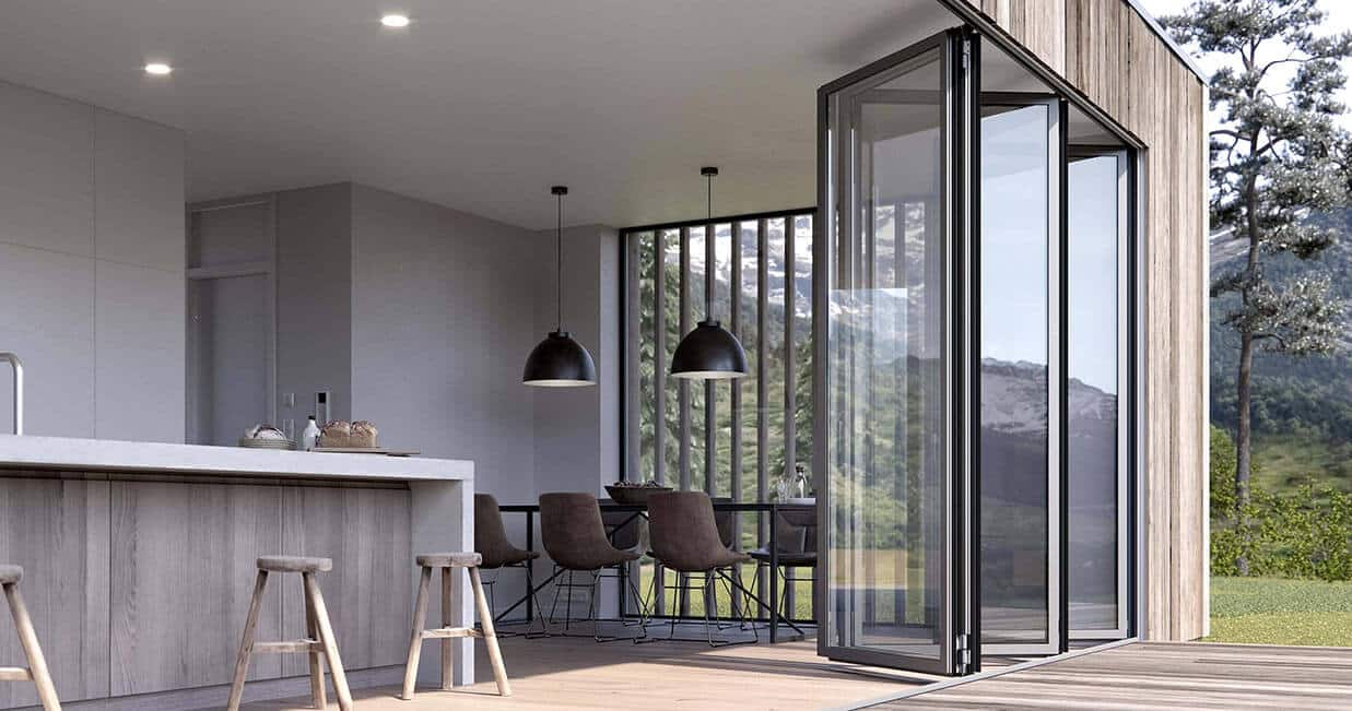 Solarlux Bifold Doors in Wiltshire. Expert Installation by CBP 3 highline solarlux bifold doors in a contemporary house extension with view of kitchen diner